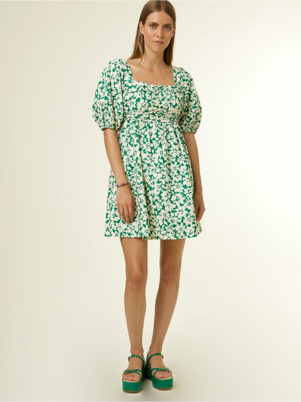 FRNCH Green and White Floral Puff-Sleeve Mini Dress